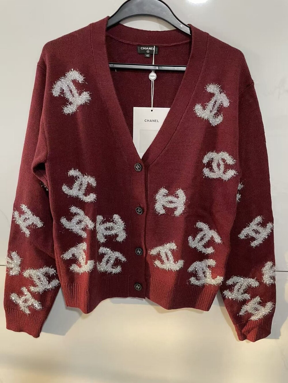 Chanel V-Neck Logo Wool Cardigan Sweater